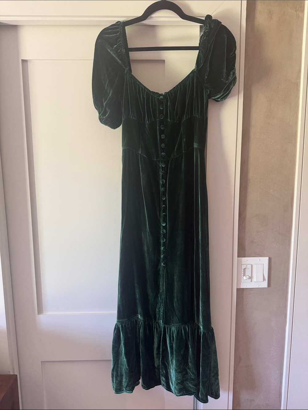 Reformation Emerald Green Velvet Midi Dress with Button Front